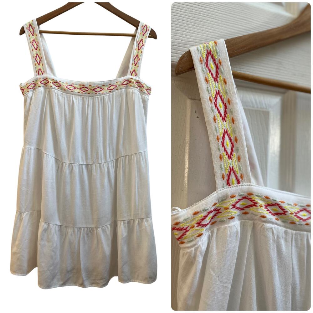 Blue Rain White Square Neckline Boho Tiered Mini Sun Dress Large 34 Inch Long